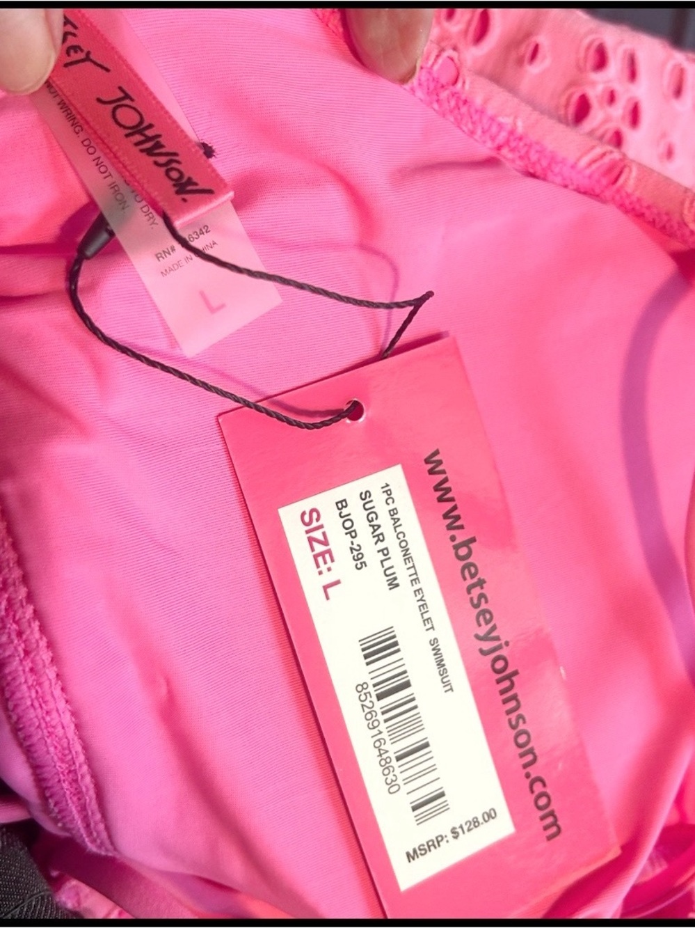 Betsey Johnson Sugar Plum ( pink) Eyelet Cut Out One Piece Swimsuit Size L NWT - Picture 9 of 9